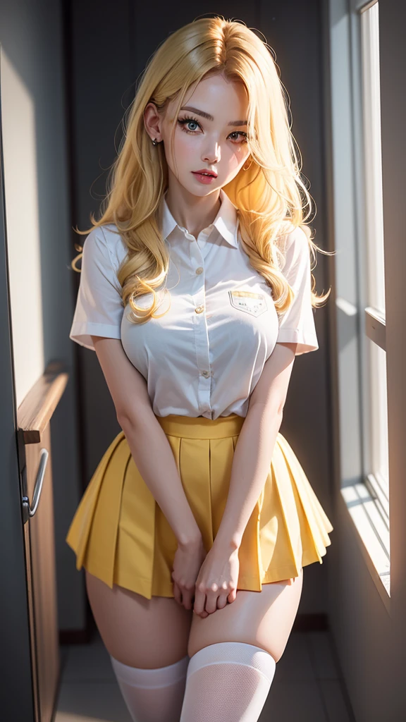 （best qualtiy，4K，tmasterpiece：1.2），Pretty women，1girll，Raised sexy：1.1，Dark yellow hair：1.1，Woman in ，Soaked school clothes，Super detailed face，Detailed lips，detailed eyes，double eyelid，Miniskirt white stockings，Stand up