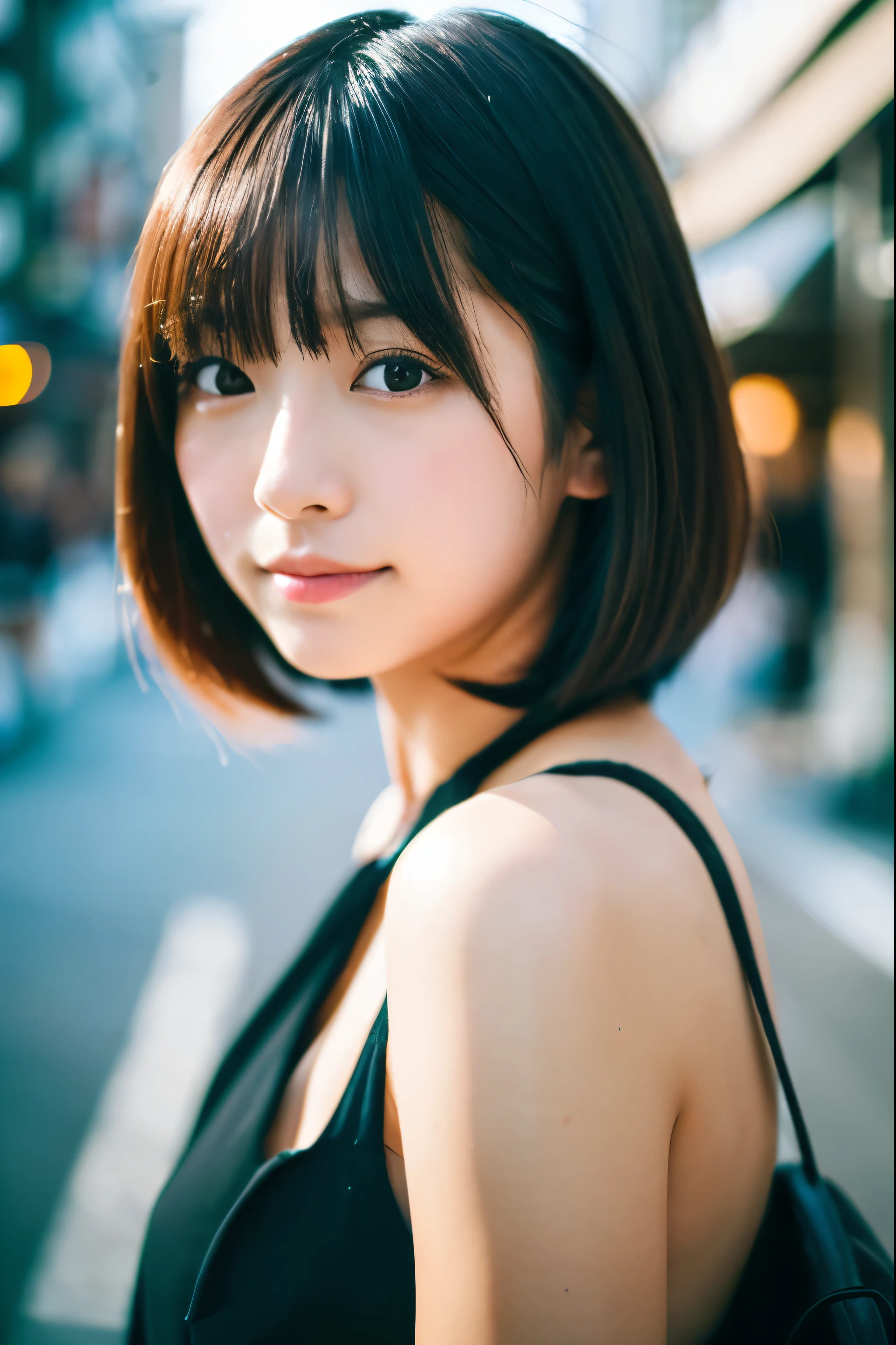 1 girl, Realistic young idol, young gravure idol, young beautiful girl idol, japanese model, beautiful asian girl, short hair with bangs, bob cut, masterpiece, 8K, Average Japan, Average Japan, ,camera girl, with a single-lens reflex camera, Shooting in the city,