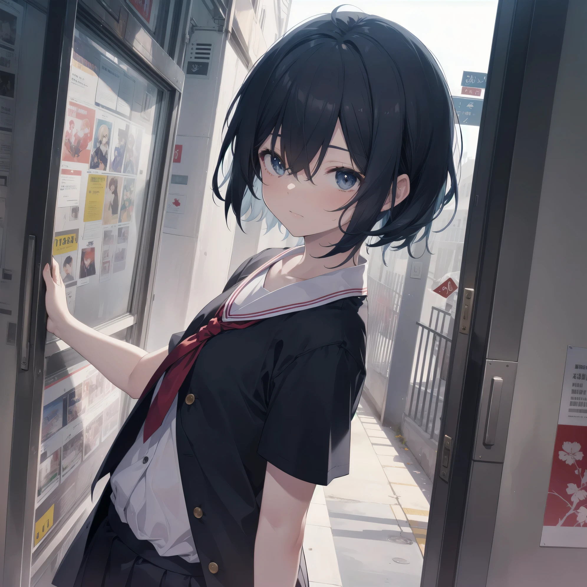 ultra-absurdres-Top quality by artist God, ultra-detailed, high resolution, anime moe artstyle, best anime 8k konachan wallpaper, pixiv contest winner, perfect anatomy,break, 1girl, (Please draw a girl walking sleepily to school alone. )break,(Solo,little female, 13-year-old:1.3),Full limbs, complete fingers,a junior high school student, Attractiveness of immature bodies, (very short hair), short cut, flat chest, , small butt, small black eyes, beautiful detailed eyes, well-proportioned iris and pupils, expressive eyes, highres detailed hair, soft expression, school_uniform, white shirt, pleated skirt,(Detailed Lighting), (Detailed background), in the School commute route. break,super detailed skin, Best cinematic lighting powered by famous artist, 8k,beauty illustration,photoshop_(medium),very aesthetic,break,((artist:ito noizi )), artist:akinashi yuu ,artist:oyari ashito ,artist:kantoku ,