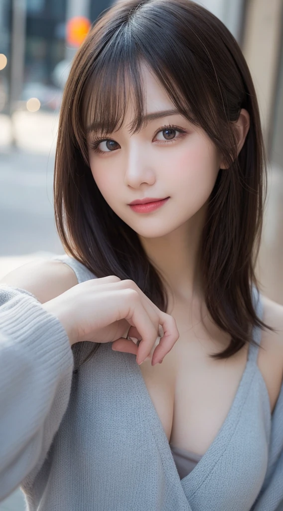 table top, highest quality, shape, Super detailed, finely, High resolution, 8K wallpaper, 完璧なダイナミックな構shape, beautiful and detailed eyes, winter dress,medium hair, small breasts, natural color lip, random sexy pose,smile,big city、40 year old girl、midnight、美しくdetailed face、perfect and beautiful face,Big eyes、Raw photo、spread your arms and legs wide、Express your best mood with your whole body、beautiful and detailed eyes、small face、beautiful duplex、slim face and style、 (get closer to the face, enlarge the face, face focus:1.0), break, (masterpiece, highest quality, Super detailed, detailed face, 8K)、real photos、perfect and beautiful face、blur the background、