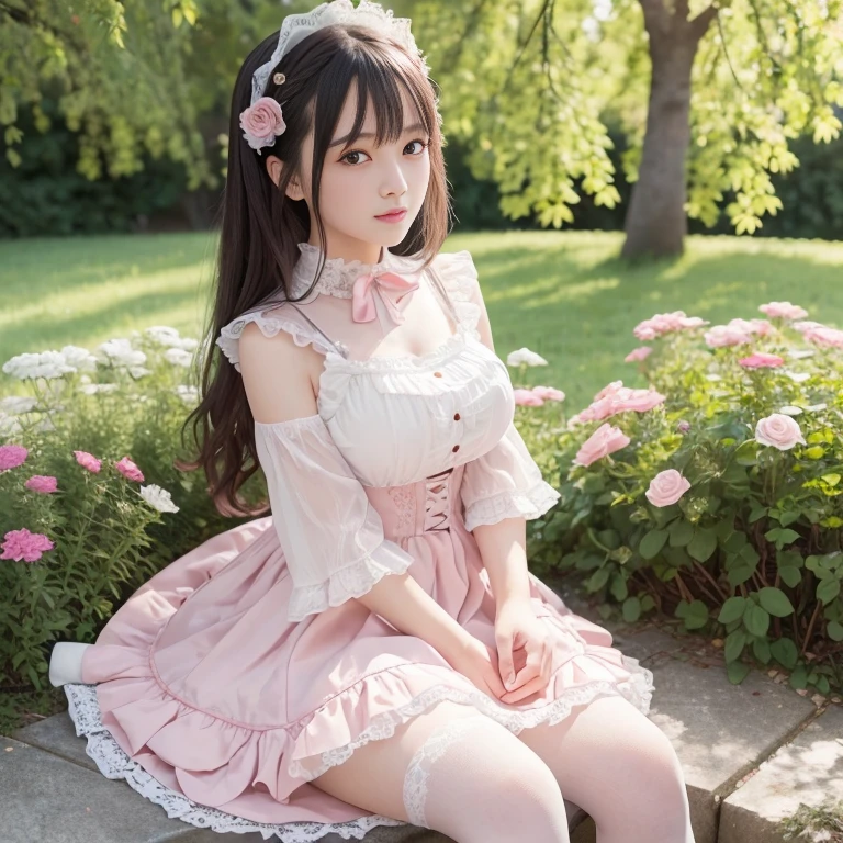 best quality, masterpiece, lifelike, 1 girl, alone, eternal, black hair, Long curly hair, blunt bangs, Smile, pink skirt, pink ta dress, layered skirt, Lolityle long skirt,Layered dress lace-trimmed skirt, decorate, lace, long sleeve, puff sleeves, wide sleeves, Transparent sleeves, hair accessories, in the flower garden, flower, Detailed background, delicate face,pink blush,White knee-length socks, Pink shoes,cold,Lots of lace,((masterpiece))、(top quality)、8K、high detail、super detailed、 21 years old female,wearing pink lolita d((dreamy atmosphere:1.1))、Seductive and whimsical style、masterpiece、born、Scenes resembling fairy tale illustrations、intricate details show the ruffles and intricate designs of the lolita gown、icious、 beautifully、Dream aesthetics、「𝓡𝓸𝓶𝓪𝓷𝓽𝓲𝓬、ethereal、charming、fickle、magic」、realism、Visual effect、FXAA、SSAO、shader、voiceless、ambient lighting、Tone mapping、High resolution、ultra high definition、megapixel、(8K resolution:1.10)、8K、8K resolution、high detail、intricate details、 (high quality:1.2、masterpiece:1.2、:1.21)、(21 years old female:1.21)、(Smile excitedly)、(Surrounded by the dreamy atmosphere of an amusement par color lolita dress、Hers were full of surprise and joy、I took a lot of geek photos、High heel、Model diagram,full-body shot,Knee-high white的 lace socks,Sweet Lolita,Normal 2 feetk shoes,Baotou shoes,full-body shot,University Teachers'Don't expose your fingers,Emphasize the volume of the skirt,exposed,huge breasts,The skirt flew up,低胸exposed,hair accessories,big skirt dress,If you shoot from a certain angle you can see my panties,The skirt floated up