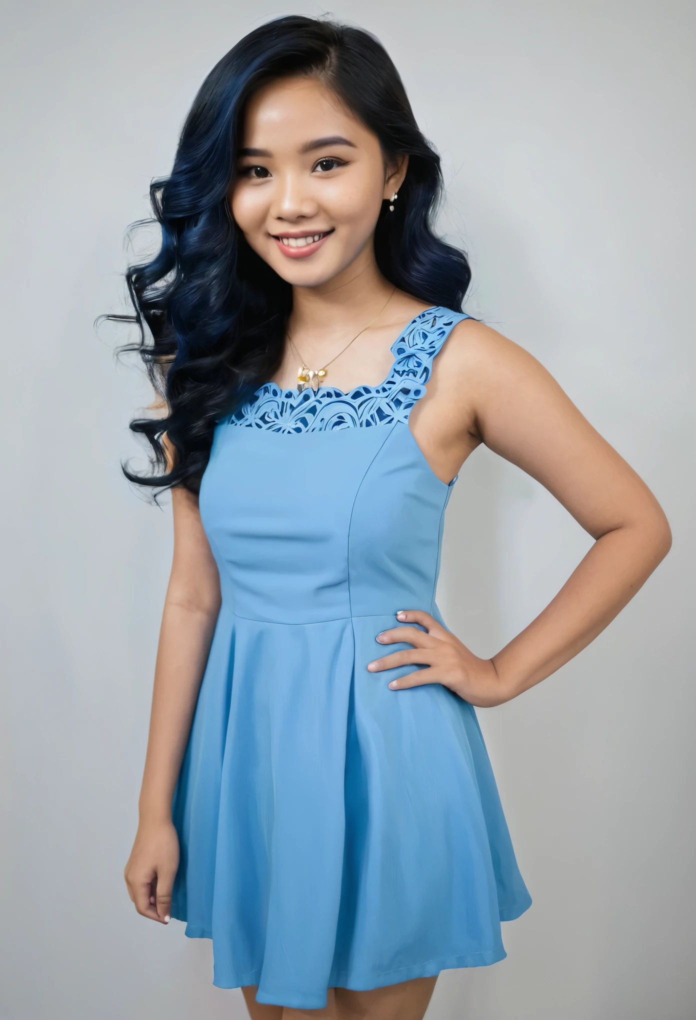 Cenematic, teenager, blue dress, mediumblack wavy hair, southeast Asian, Filipino