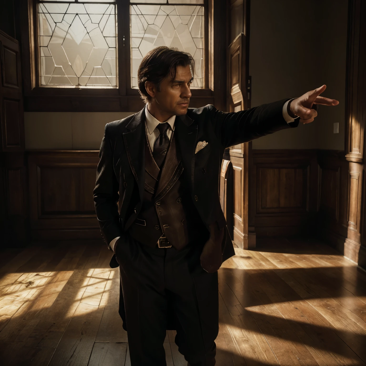(best quality,4k,8k,highres,masterpiece:1.2),ultra-detailed,(realistic,photorealistic,photo-realistic:1.37),mysterious man pointing at a ,debt invoices, scattered money on the floor, dimly lit room, antique table, tense atmosphere, golden sunlight streaming through the window, vintage oil painting style, dramatic shadows, solemn expression, baroque decor, intricate patterns, detailed facial features, intense eye contact, contrasting light and dark, heavy weight of responsibility, fear in the child's eyes, aged wooden floor, rich color palette, intricate folds of the man's suit, striking composition, dramatic perspective, hints of mystery and intrigue, subtle sense of unease, classic chiaroscuro lighting.