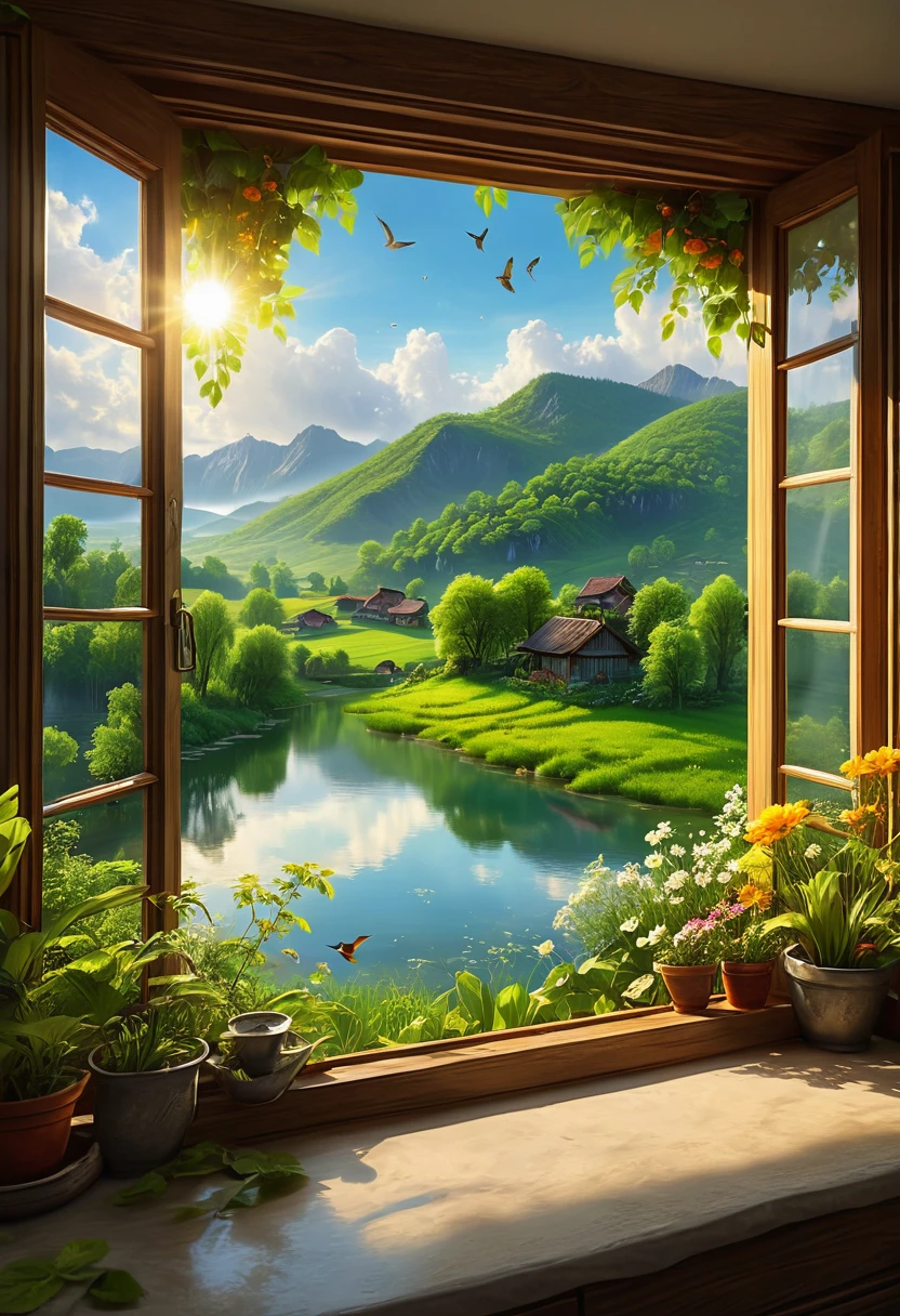 1girl, The View Outside the Window, (4k,8k,highres,:1.2),ultra-detailed,(realistic,photorealistic,photo-realistic:1.37),indoor view,window view,outside scene,outdoor scenery,breathtaking landscape,panoramic view,serene atmosphere,clear blue sky,rolling hills,green meadows,colorful flowers,trees swaying in the wind,sun shining brightly,golden sunlight streaming in through the window,glimmering lake in the distance,crystal-clear water,reflection of the sky on the water surface,lush forests,majestic mountains on the horizon,peaceful countryside,tranquil setting,quiet ambiance,gentle breeze rustling the leaves,morning mist over the fields,tiny birds chirping,soft rays of sunlight illuminating the room,nature's beauty at your doorstep,serenity of the outside world,boundless beauty right outside the window . masterpiece, best quality, very aesthetic, absurdres, aesthetic