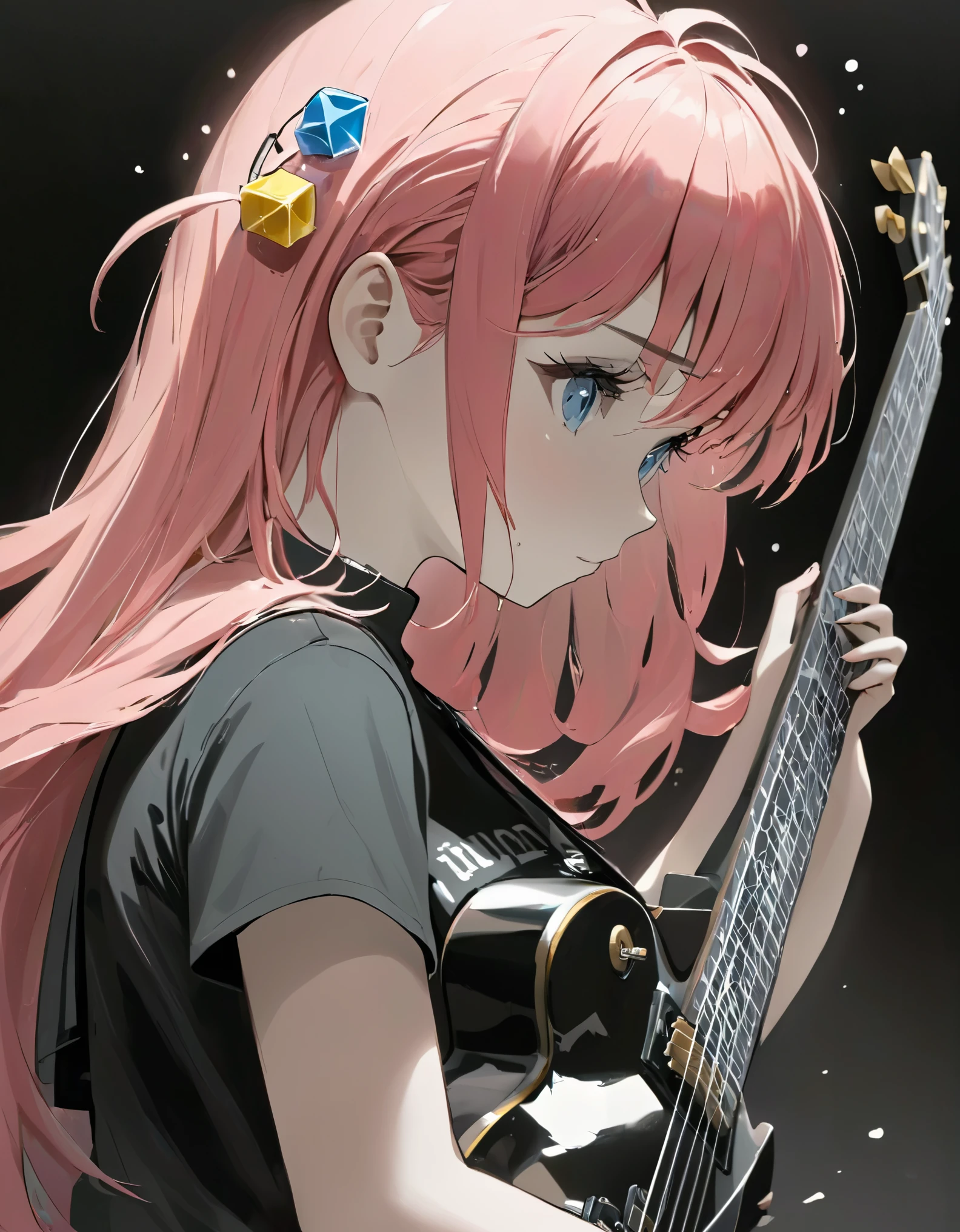 monochrome cube hair ornament, a young girl with pink hair and blue eyes, playing a Gibson Les Paul electric guitar with passion. The style is simple, focusing on the upper body of the girl in profile, against a white background. She is clad in a black t-shirt with short sleeves, her bangs falling on her forehead, and a cube hair ornament adorning her long hair pinned up on one side. She is holding the plectrum, strumming the strings, and sweat is dripping from her forehead, indicating the intensity of her performance,