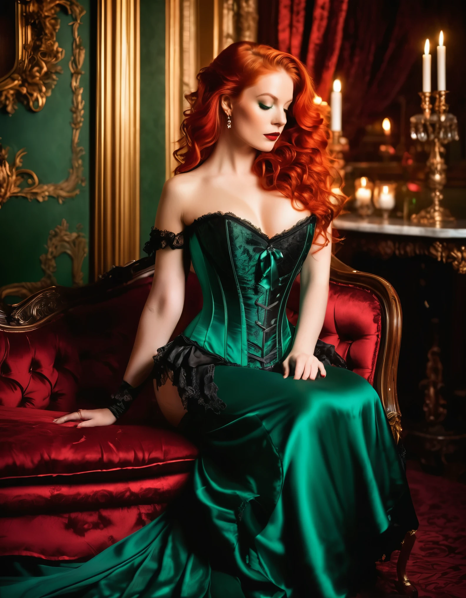 In a sumptuous Victorian chamber, bathed in the glow of flickering candlelight, a vision of sensuality unfolds. The enchanting woman, with fiery red locks cascading like molten silk, ensnares the gaze with her emerald eyes ablaze with desire. Clad in a mesmerizing duotone corset, a tantalizing blend of crimson and ebony, she exudes opulence and allure. Every curve of her luscious form is accentuated, inviting exploration and admiration. As she reclines upon luxurious satin sheets, her pose is a symphony of grace and seduction, beckoning you into a realm where passion knows no bounds.