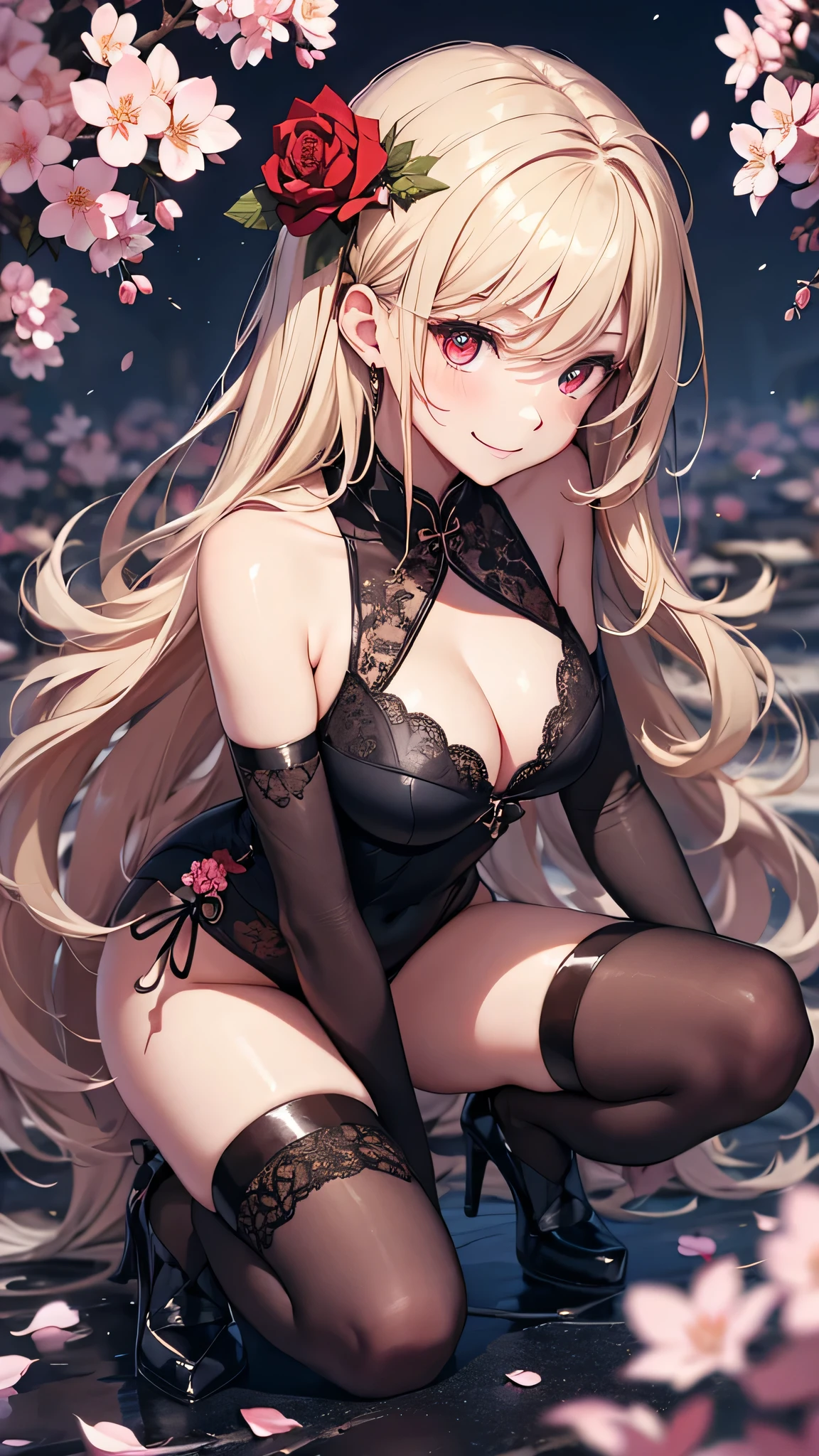 最high quality、best image quality、masterpiece、girl((18-year-old、 By becoming、vest bust、medium bust,wide open breast tea、red glowing eyes, blonde、messy hair、long hair、thin,highest valley、Show the whole body、black cheongsam、open chest、black wristband、red high heels、sexy、smile、Leaning forward、rose hair ornament)),high quality、beautiful art、background((Bright Town、cherry blossoms、beautiful blue sky))、Flight、debris flies、Depth of written boundary、movie、visual art、perfect art、8K,genuine、