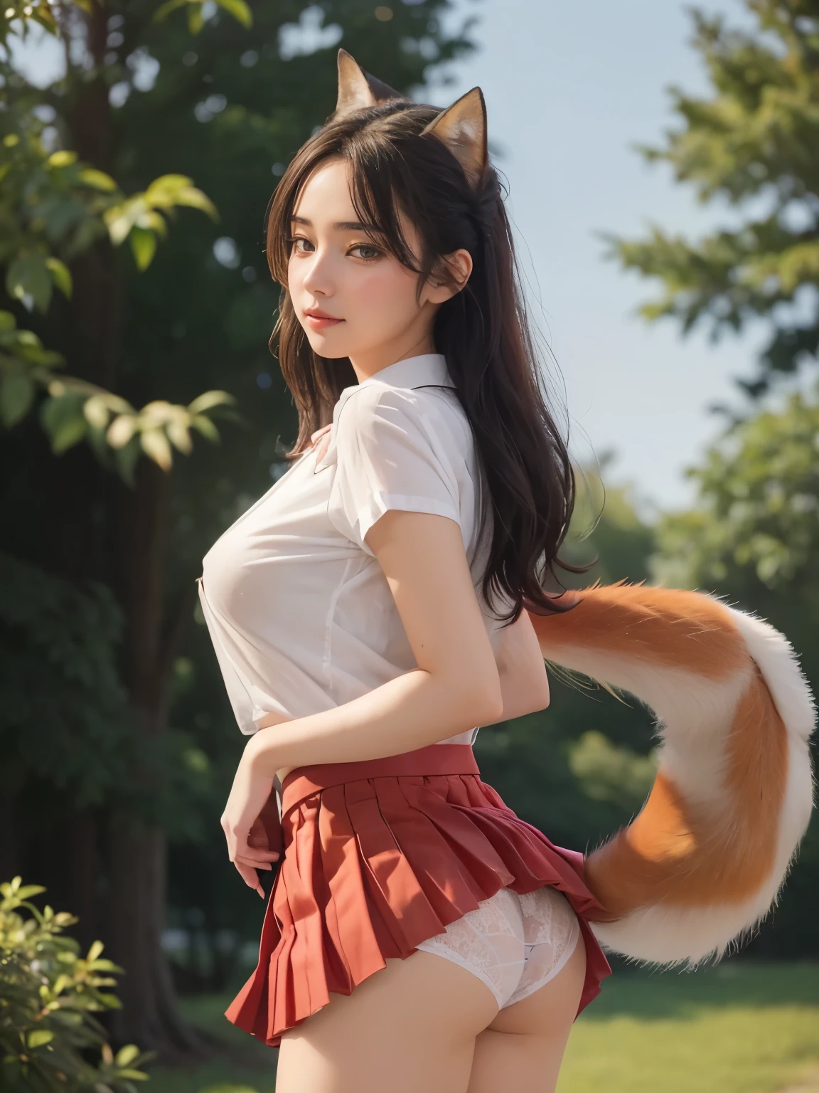 Girl with a furry tail ,赤狐のようなtail, tail, collared shirt,table top, 最high quality, figure, Ultra-detailed, finedetail, High resolution, 8k wallpaper, 完璧なダイナミックな構figure, Beautiful detailed eyes,Full body shot，Show me your whole body、thin and transparent、long hair, ,crying face,Harajuku、20 year old girl、eyeliner、beautiful bangs、hair between eyes、最high quality、ultra-detail、film light、tail、High resolution、tail))、detailed background、8KUHD、Digital single-lens reflex camera、soft light、high quality、film grain、Fujifilm XT3 、shallow depth of field、natural soft light、Kamimei、I saw your knees, sexy shot looking at camera、On the legs、Full body shot facing the camera、Turn around and touch the tail that grows from your butt.、(Her red fox tail lifts up her pleated skirt, revealing her white panties.:1.9)、(small breasts:1.9), (Thick and bushy red fox tail:1.9)、(A tail extends from the coccyx:1.9)、(Stick your butt out to the camera and show the tail growing out of your butt:1.9)
