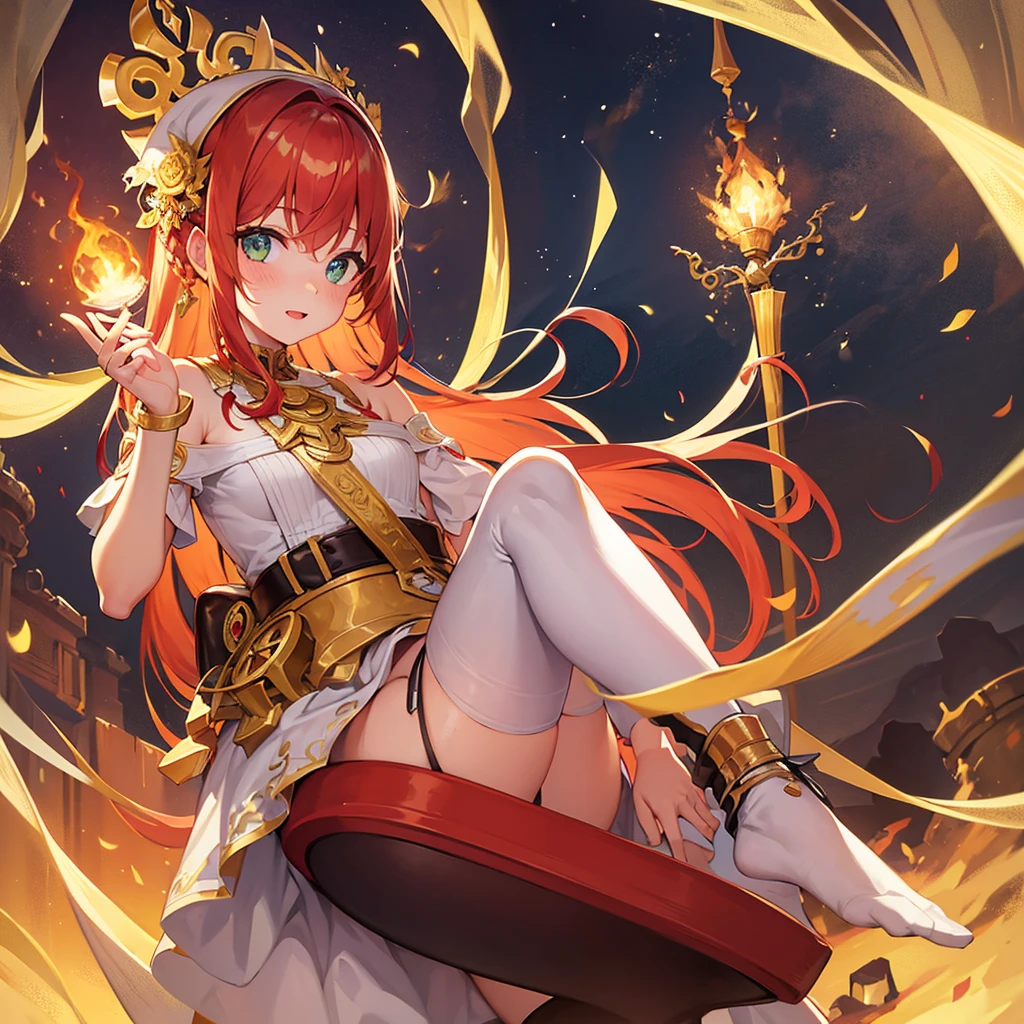 White skined young woman with freckles on her face. Green eyes. Long wavy hair. Bright reddish orange hair color . Wearing plain white dress in Greek Style. She has a fantasy-style gold accessory on her head