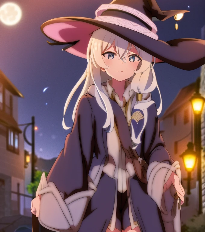 Elaina, girl, witch, anime, white hair, witch hat, night sky, moon, stars, flowers, glowing flowers, shooting star, town, town lights, nighttime.