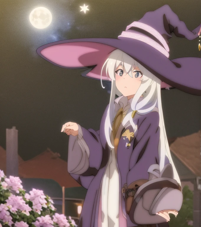Elaina, girl, witch, anime, white hair, witch hat, night sky, moon, stars, flowers, glowing flowers, shooting star, town, town lights, nighttime.