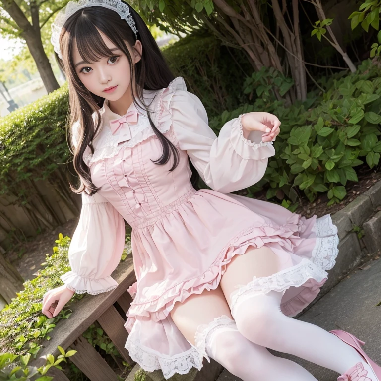 best quality, masterpiece, lifelike, 1 girl, alone, eternal, black hair, Long curly hair, blunt bangs, Smile, pink skirt, pink lolita dress, layered skirt, Lolita style long skirt,Layered dress lace-trimmed skirt, decorate, lace, long sleeve, puff sleeves, wide sleeves, Transparent sleeves, hair accessories, in the flower garden, flower, Detailed background, delicate face,pink blush,White knee-length socks, Pink shoes,cold,Lots of lace,((masterpiece))、(top quality)、8K、high detail、super detailed、 21 years old female,wearing pink lolita dress((dreamy atmosphere:1.1))、Seductive and whimsical style、masterpiece、born、Scenes resembling fairy tale illustrations、intricate details show the ruffles and intricate designs of the lolita gown、capricious、 beautifully、Dream aesthetics、「𝓡𝓸𝓶𝓪𝓷𝓽𝓲𝓬、ethereal、charming、fickle、magic」、realism、Visual effect、FXAA、SSAO、shader、voiceless、ambient lighting、Tone mapping、High resolution、ultra high definition、megapixel、(8K resolution:1.10)、8K、8K resolution、high detail、intricate details、 (high quality:1.2、masterpiece:1.2、:1.21)、(21 years old female:1.21)、(Smile excitedly)、(Surrounded by the dreamy atmosphere of an amusement par color lolita dress、Her eyes were full of surprise and joy、I took a lot of geek photos、High heel、Model diagram,full-body shot,Knee-high white的 lace socks,Sweet Lolita,Normal 2 feet,Pink shoes,Baotou shoes,full-body shot,University Teachers'Don't expose your fingers,Emphasize the volume of the skirt,exposed,huge breasts,The skirt flew up,低胸exposed,hair accessories,big skirt dress,If you shoot from a certain angle you can see my panties,The skirt floated up