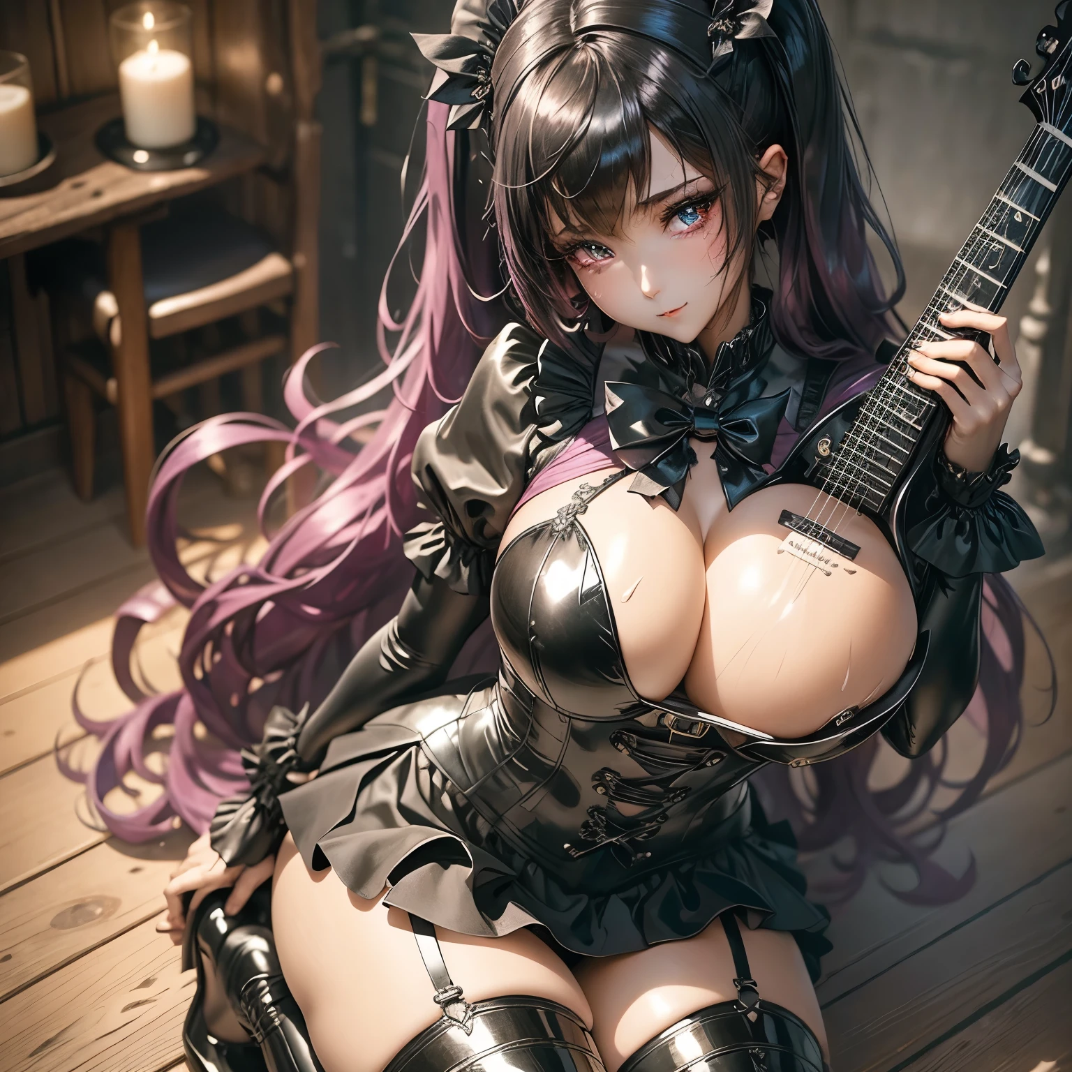 ハードdark gothicメイク、Insanity、deep night sky、horror、black dark eyeshadow、cry、grieve、Good skin glow、dark gothicメイク、dark smile、restless palace、expression of sexual excitement、fragrant beauty、22 years ago、Lie、lure、Expression of intense sexual pleasure、embarrassed look、dark gothic、Gothic ta、bell sleeve、wizard sleeve、lewd expression、Stained glassが背景、pieces fly、highest quality、Browse 5 books、Sweat shines on my chest、Expression of sexual pleasure in the midst of suffering、drunk face、Maid outfit mysterious、Noble、A face that is holding back the toilet、Flirty Gothic Clothing、My body is wet and shiny、super sexy、Lots of glitter on the thighs、I'm sweating a lot、loving smile、twin tail hair、my thighs are so wet、jet black ruffle skirt、with shadow、right blue eye, left eye is red、Sit on a gothic bed covered in roses、Super bewitching pose、Gravure photography、knee high socks、thigh high socks、Excessive sweat and stickiness on thighs、Plenty of plumpness, shiny thighs、Sweat glistening on my thighs, my whole body glistening with sweat、glamorous、platform heel shoes、pretty sweaty、My thighs are sweaty、dark makeup、Breast size is modest、black lipstick、重厚感のあるdark gothicロングドレス、bright pink hair、long hair straight hair、Stained glass、black metal world、open your legs loosely、her thighs are a little glamorous、Playing the black guitar、Guitar Girl、play the guitar、guitar playing、gothic guitar、have a guitar、have a guitar、I love the guitar、Composition、