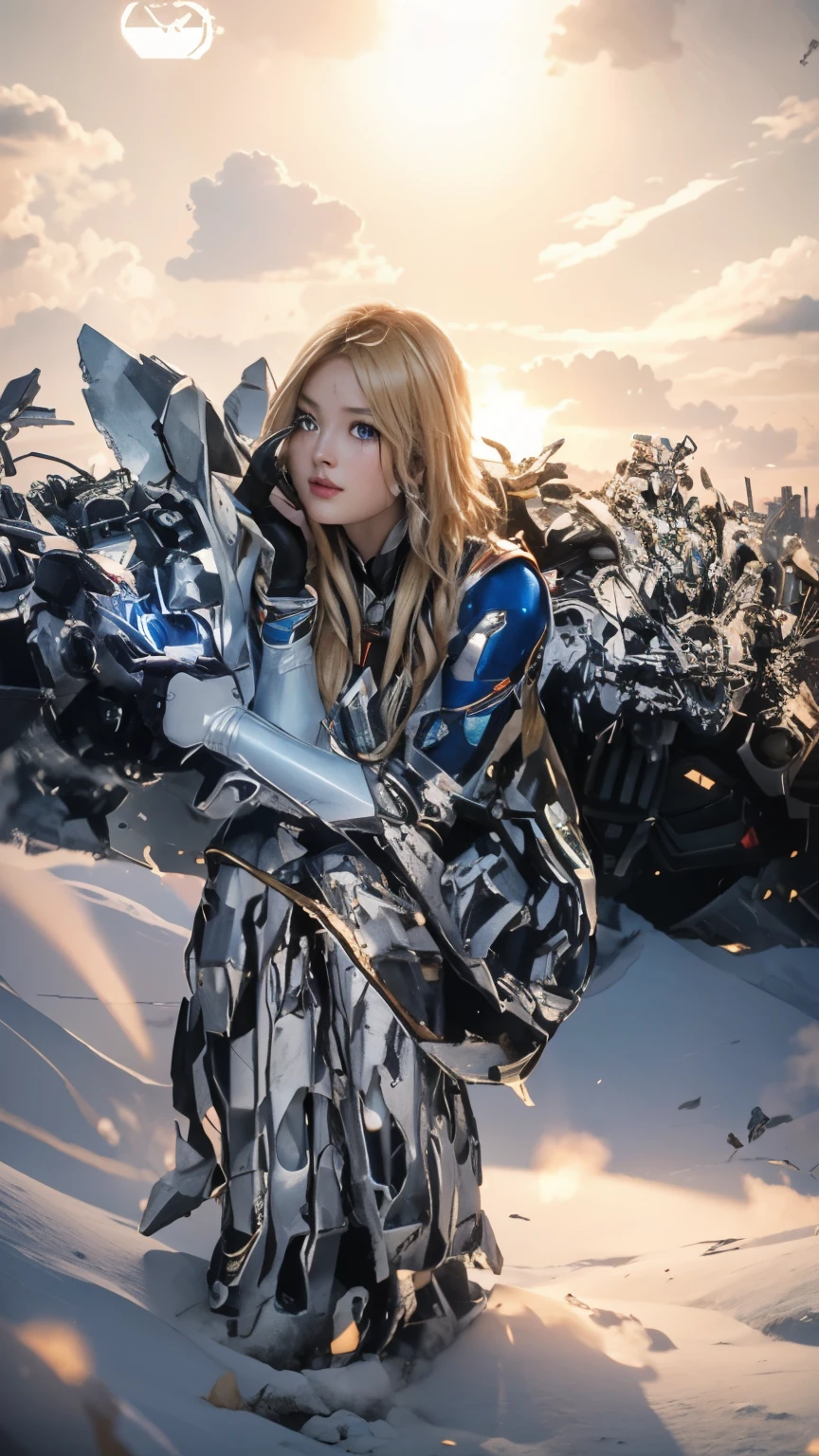 ((Best Quality)), ((Supergirl masterpiece)), (highly detailed: 1.3), 3D, Shitu-mecha, beautiful cyberpunk women with their mecha in the ruins of the city of a lost war, ancient technology, blonde with blue eyes, superman symbol S on the chest, (High Dynamic Range), Ray Tracing, NVIDIA RTX, Super-Resolution, Unreal 5, Subsurface Scattering, PBR Texturing, Post-processing, Anisotropic filtering, Depth of field, Maximum clarity and sharpness, Multilayer textures, Albedo and specular maps, Surface shading, Accurate simulation of light-material interaction, Perfect proportions, Octane Render, two-tone lighting, Low ISO, white balance, rule of thirds, wide aperiature, 8K RAW, efficient sub-pixel, sub-pixel convolution, luminescent particles, light scattering, Tyndall effect