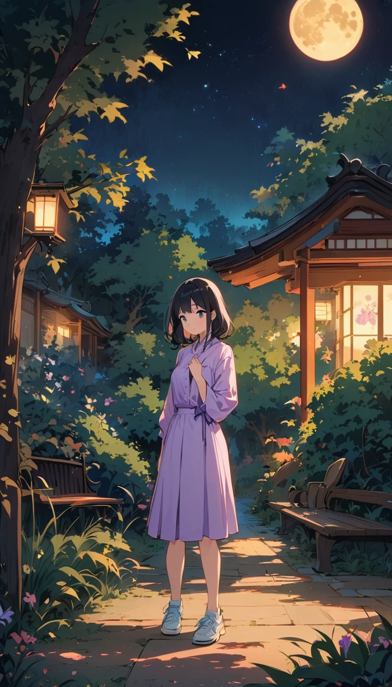 super quality, masterpiece, Japanese cartoons, 2d cartoon, Japanese art, Colorful Japanese comics, 1 girl, Medium hair and eyes, Lilac casual wear, skirt, night, dark lights, Star, moon, bench, trees, green, Grass, garden