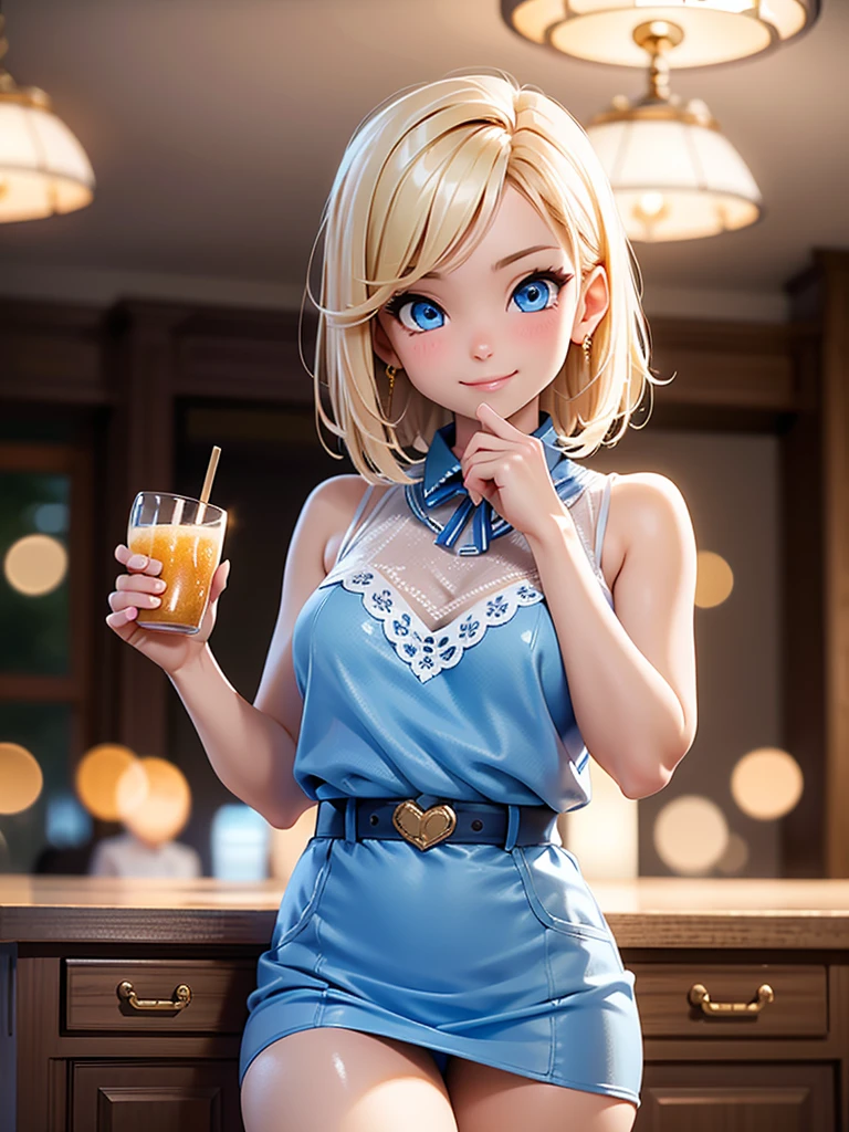 superb, amazing, super high quality, actual, girl, (beautiful face 1.4), (Big deal, Tighten the waist), blonde short hair, blue eyes, indoors, Bokeh, beautiful light, shiny skin, small head, Smile, dinner , Hold the cup