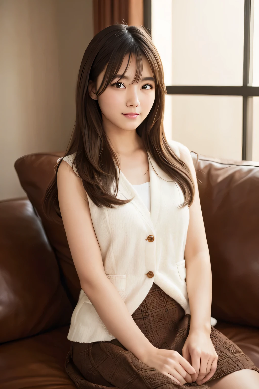 highest quality, face focus, soft light, ultra high resolution, (realistic:1.4), Raw photo,
1 japanese girl, alone, cute, (shy smile:0.5), (brown eyes, light in the eyes),  detailed beautiful face, (small box),(High resolution details of human skin texture),
(long hair),
sit on the sofa,
, vest, skirt