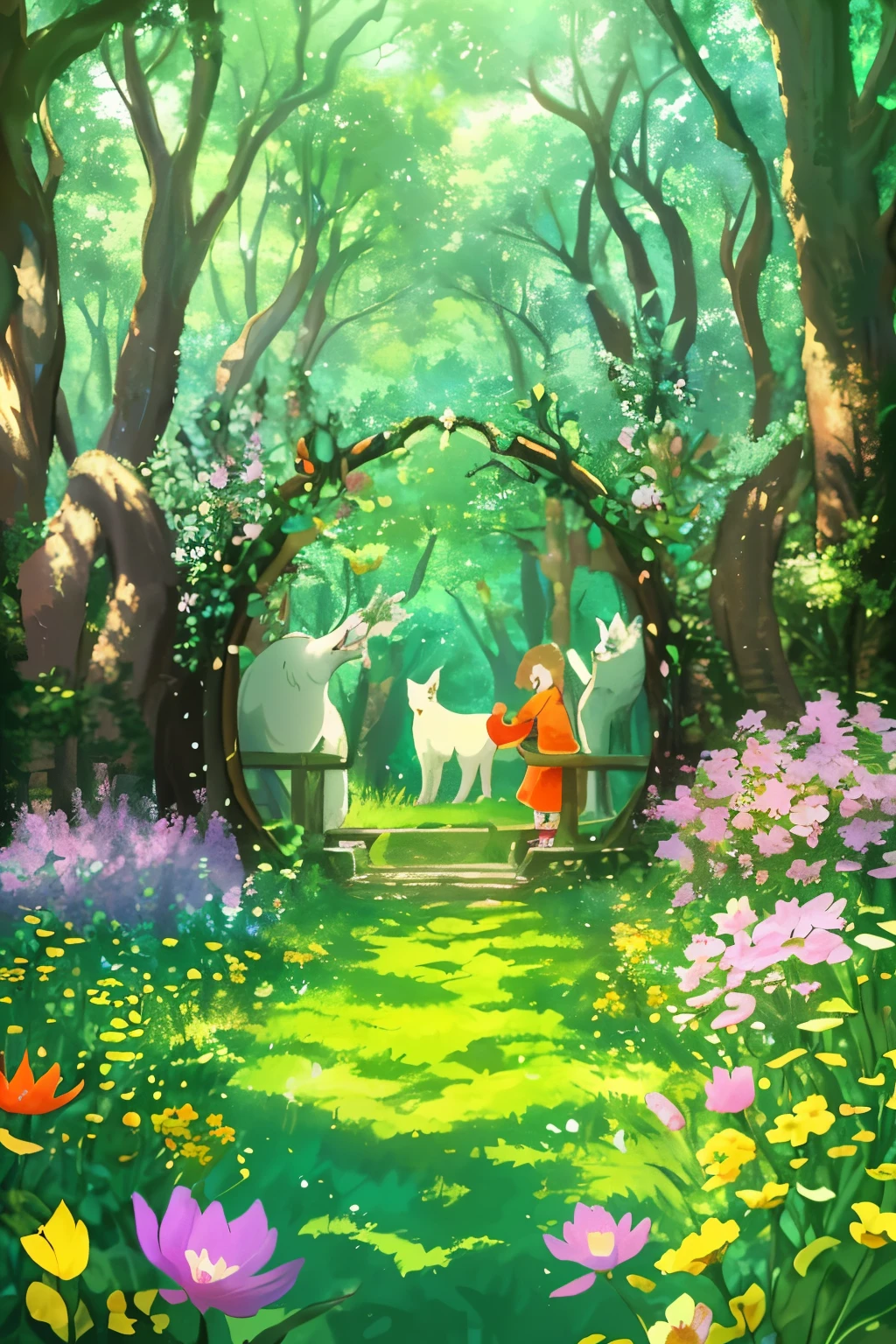 A sunlit clearing in an enchanted forest, vibrant flowers in full bloom painted with exquisite detail and rich colors, creating a breathtaking masterpiece. A captivating tableau of animal friends, gathered at the center, ready for an unforgettable adventure. The clearing is encircled by towering trees, their majestic silhouettes whispering tales of ancient wisdom and serenity. The atmosphere is filled with a mystical aura, with the air thickening with the aroma of blooming flowers and the magical possibilities that abound in this captivating world. Inspired by the enchanting style of Studio Ghibli and the brilliant artistry of Hayao Miy