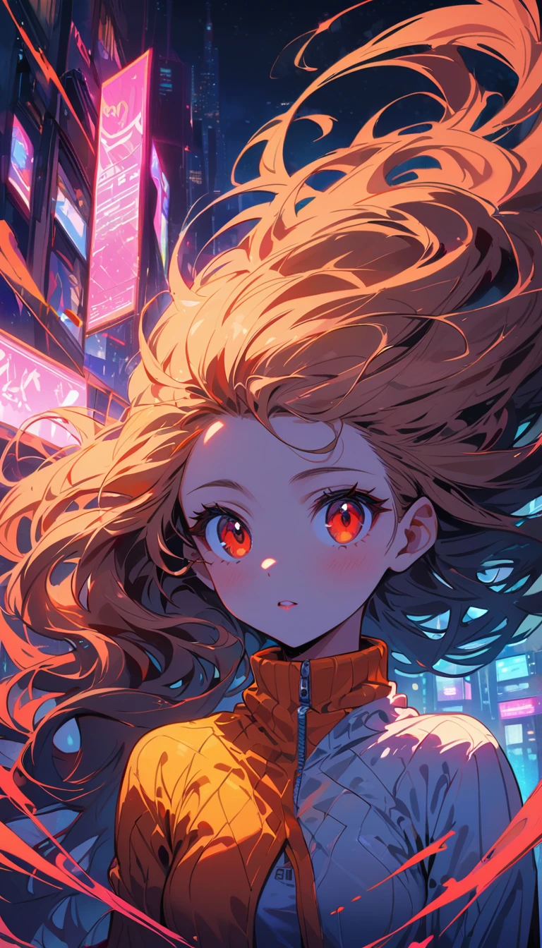 intricate details, night, bright neon colors, Future cyberpunk city, Detailed background, (petite girl), cute perfect face, Bright red eyes, (perfect anatomy, Petite and lively breasts), (Ridiculously Long Orange and White Ombre Hair, hair blowing in the wind)), Ribbed detail bodysuit, pauldron, cybernetic limbs