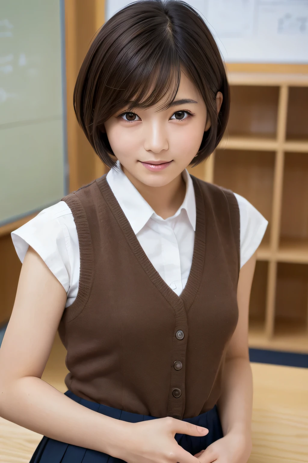 highest quality, face focus, soft light, ultra high resolution, (realistic:1.4), Raw photo,
1 japanese girl, alone, cute, (shy smile:0.5), (brown eyes, light in the eyes), detailed beautiful face, (small box),(High resolution details of human skin texture),
(short bob hair)
break,
In the classroom,navy , vest, skirt