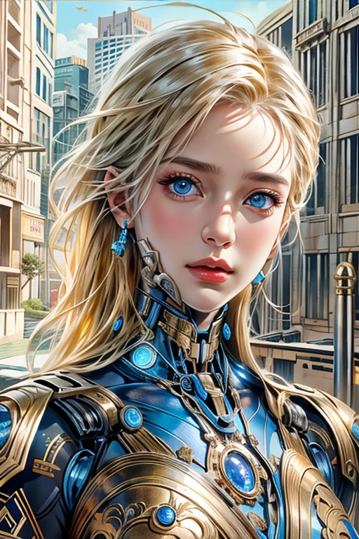 photorealistic, Realistic picture,Masterpiece,high resolution, woman ,have blue eyes, look at the viewer., (detailed face), has blue eyes,blonde hair, cybernetic robot,Metallic red body/gold color,(The details of the outfit are perfect.) The background is a deserted city.