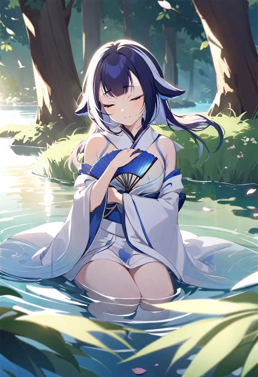 ((shylily)), Top quality, Ink painting style, Fresh and elegant, Clear lake water,In the setting sun,Cherry blossom petals fall quietly, Girl in pure white kimono, holding folding fan,A gentle breeze ruffles the hair, In the woods dotted with green leaves, Birds chirp happily, A poetic scene