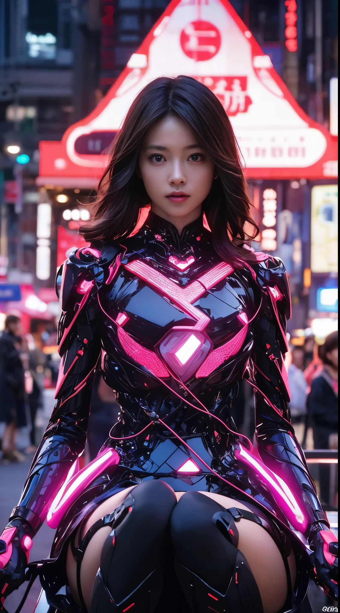 top quality, masterpiece, ultra high resolution, (lifelike: 1.4), original photo, 1 girl, black hair, shiny skin, 1 Mechanical Girl, (超lifelike细节)), portrait, global illumination, shadow, octane rendering, 8K,16k， Super sharp, big deal, Cleavage exposed bare skin, Metal, intricate decorative details, Japan details, very intricate details, lifelike光线, CG trends, purple eyes, glowing eyes, face camera, Neon details, mechanical limbs, blood vessels connected to tubes, Mechanical vertebrae attached to the back, Cervical spine mechanical fixation in the neck, sitting, Wires and cables connected to the head, Gundam, small LED light,