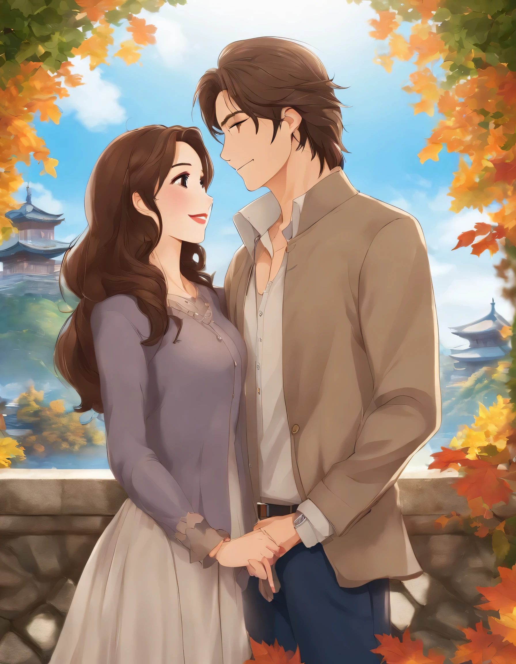 masterpiece, Japanese cartoons, Lovely, Romantic, best quality, 2other, couple, Mature, aldult, height difference, different fashion, different color, Casual Wear, long sleeve, Smile, happy, like, whirlwind, blue sky, Long-haired man, light brown hair man, Brunette woman, Long-haired woman, woman wearing glasses, castle, Fall