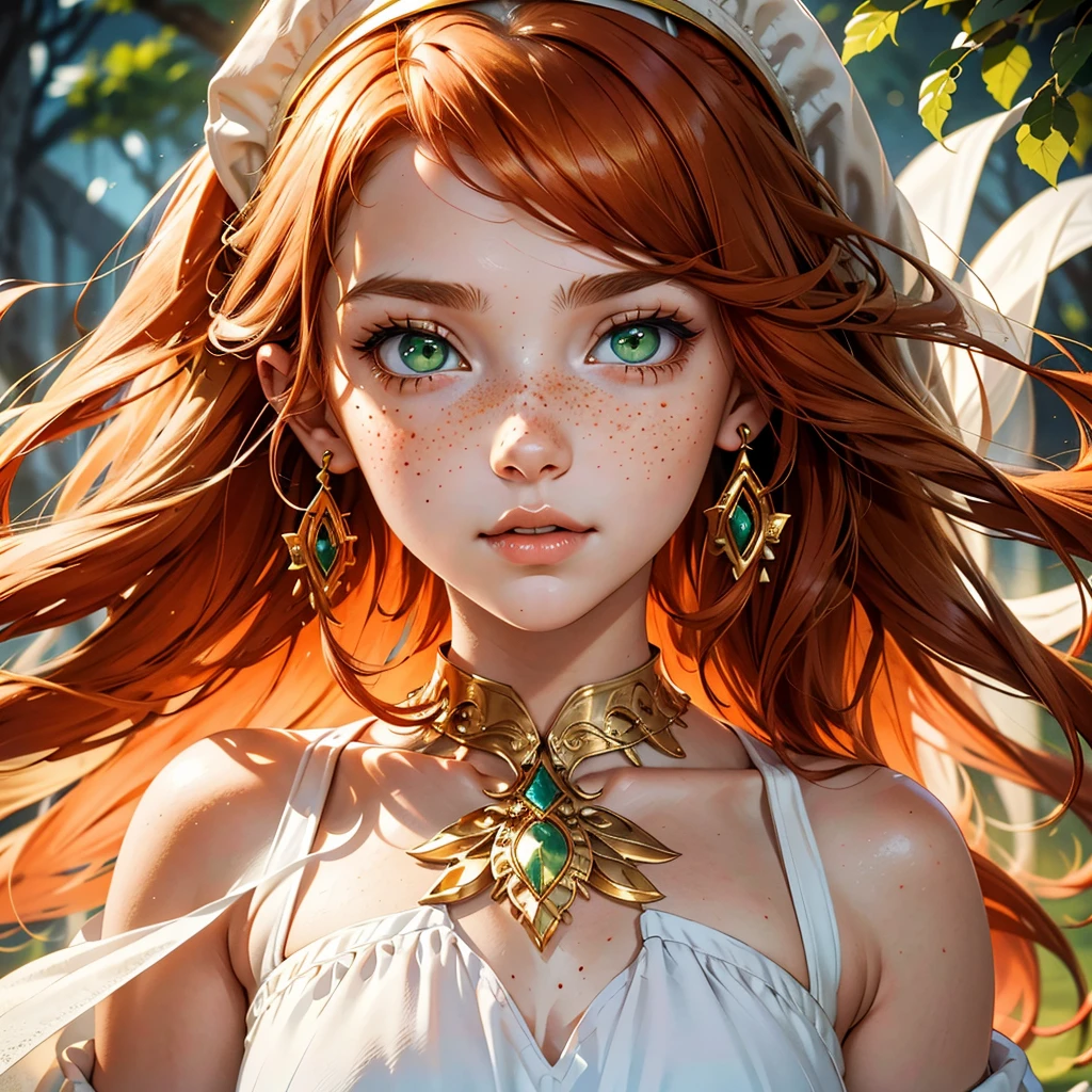 White skined young woman with freckles on her face. Green eyes. Long wavy hair. Bright reddish orange hair color . Wearing plain white dress in Greek Style. She has a fantasy-style gold accessory on her head