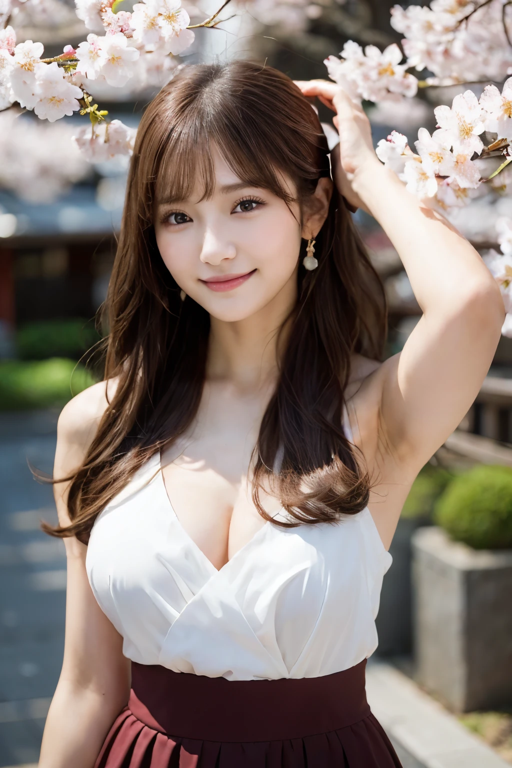 masterpiece、high resolution、ultra high resolution、Delicate、sunlight、whole body、1 female、hostess's face、brown hair、long hair、perfect eyes、dense lips、smiling face、Slender perfect figure、japan beauty、beautiful breasts、OL,suit、cherry blossoms、cherry blossoms並木、armpit