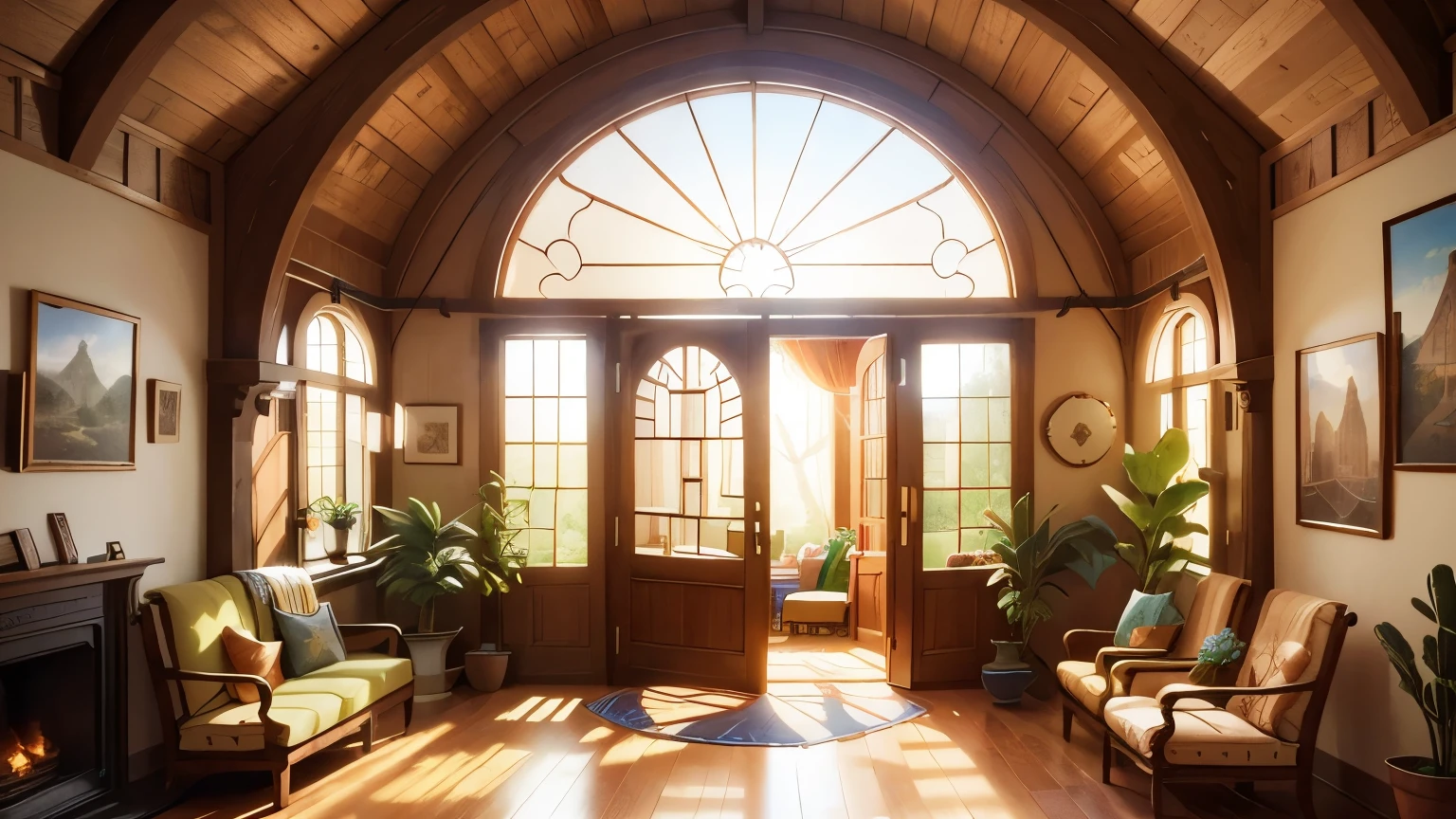 background of a Living room inside, from the inside, brightly lit, sun rays shining through the windows, forest outside, arched wooden door with patterns, arched passage, semicircular ceiling, fabulous paving stone floor, walls partly made of wood, many flowers inside, the room is woven with homemade flowers, antique sofas, armchairs, windows in the ceiling, sunlight shining through the windows, a semicircular wooden door, a cabinet with pottery and dishes with Khokhlama painting, paintings hanging on the walls, a fireplace near one of the walls.