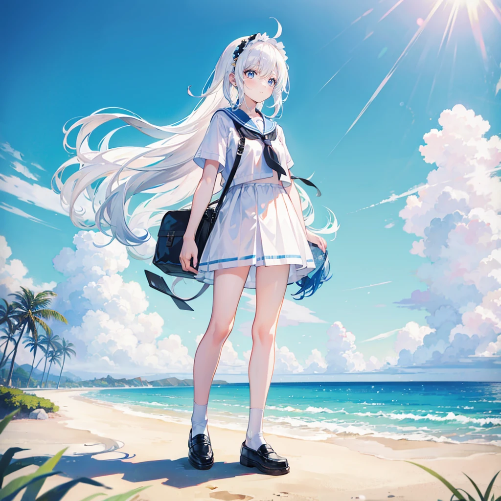 white hair，long hair，Bangs，Bangs整齐，gray eyes，black headband，girl，cute，Sailor suit，small leather shoes，full-body shot，Side view of the whole body，Standing on the ground seaside garden，many flowers，beach，Background blue sky and white clouds

