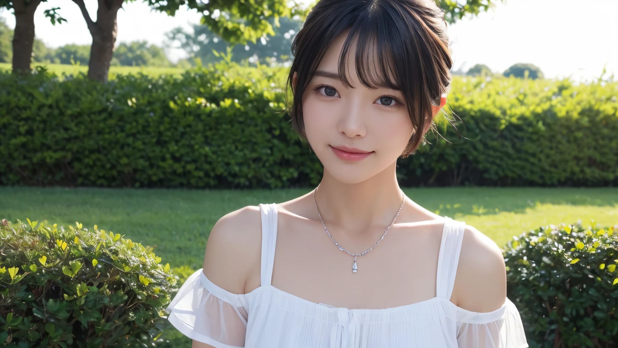 top-quality、masterpiece、超A high resolution、(realisitic:1.4)、(True skin texture:1.3)、(film grains:1.3)、the panorama、portlate、Very wide lens、a closeup、Tindall Effect、Perfect beautiful adult woman、Beautiful detail eyes and skin、ssmile、short cut hair、 bust、Small necklace、Short sleeved shirt、Strong sunshine、Summer sea and sky、iced coffee、