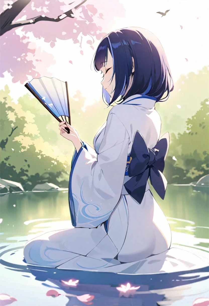 ((shylily)), Top quality, Ink painting style, Fresh and elegant, Clear lake water,In the setting sun,Cherry blossom petals fall quietly, Girl in pure white kimono, holding folding fan,A gentle breeze ruffles the hair, In the woods dotted with green leaves, Birds chirp happily, A poetic scene