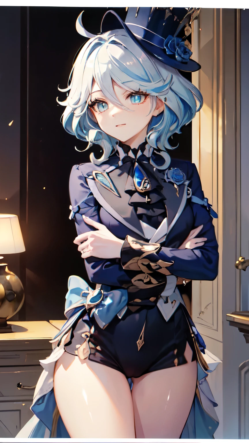 (((Wearing a small black hat)))Forina, Surrealism, 8K, Super details, hydraulic archon, Thick thighs, sitting, naughty face, smug, beautiful eyes, masterpiece, High resolution, 8K, anime woman, The writing is delicate and meticulous 、Detailed digital illustrations、(((Genshin Impact))、shiny hair、a very beautiful woman、High image quality, high quality、Detailed background、The inside of the eye sparkles like a diamond、(((blue hair)))、(((Scan your bangs)))、Gradient pupils、(((2 arms、4 fingers, 1 thumb)))、Detailed female face、a very beautiful woman、、Detailed background、masterpiece、soft focus , Bright gradient watercolor , lens flare , (((flash))) , glow , fantastic ,、((Very beautiful light blue rose hair ornament)), Luxury room background