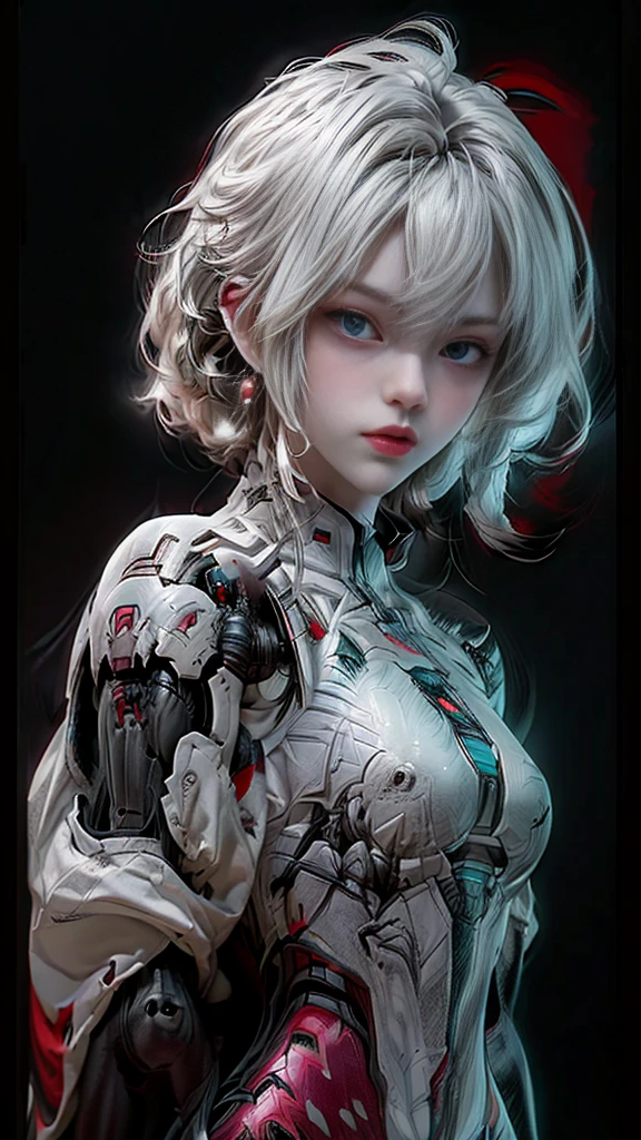 A digital illustration of a white mecha suit with short bob hairstyle, white hair, (full body length), (super cuteness), (super beautiful face), 32k UHD, C4D style, octane render, sharp focus, complex details, perfect details, highest resolution, Show shoes, 1 girl, solo, RAW, photo realistic of face, CG game art, wearing white armor and helmet, beautiful eyes. The background is a dark grey with neon red accents, creating an eerie atmosphere, The art style is inspired in the style of GG game artstyle, with a high contrast between light and shadow and futuristic elements. It is a digital art piece with a dark fantasy theme, vibrant colors, and sharp details.