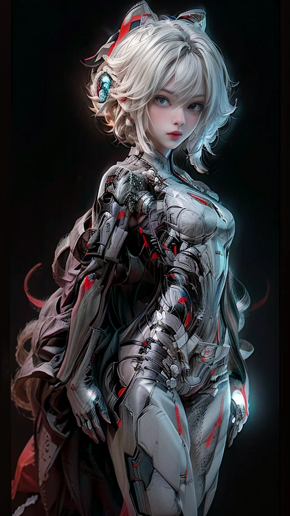 A digital illustration of a white mecha suit with short bob hairstyle, white hair, (full body length), (super cuteness), (super beautiful face), 32k UHD, C4D style, octane render, sharp focus, complex details, perfect details, highest resolution, Show shoes, 1 girl, solo, RAW, photo realistic of face, CG game art, wearing white armor and helmet, beautiful eyes. The background is a dark grey with neon red accents, creating an eerie atmosphere, The art style is inspired in the style of GG game artstyle, with a high contrast between light and shadow and futuristic elements. It is a digital art piece with a dark fantasy theme, vibrant colors, and sharp details.