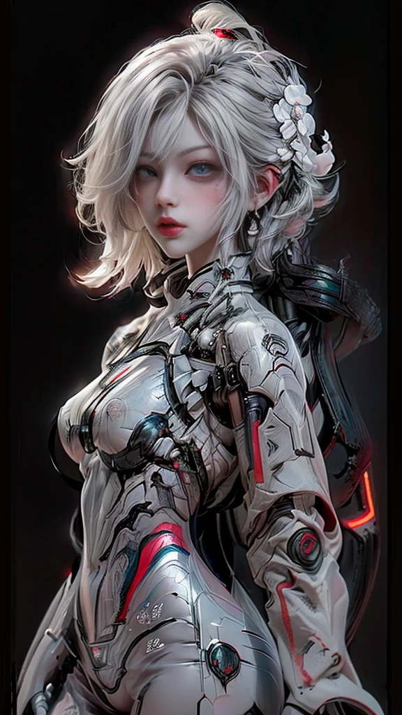 A digital illustration of a white mecha suit with short bob hairstyle, white hair, (full body length), (super cuteness), (super beautiful face), 32k UHD, C4D style, octane render, sharp focus, complex details, perfect details, highest resolution, Show shoes, 1 girl, solo, RAW, photo realistic of face, CG game art, wearing white armor and helmet, beautiful eyes. The background is a dark grey with neon red accents, creating an eerie atmosphere, The art style is inspired in the style of GG game artstyle, with a high contrast between light and shadow and futuristic elements. It is a digital art piece with a dark fantasy theme, vibrant colors, and sharp details.