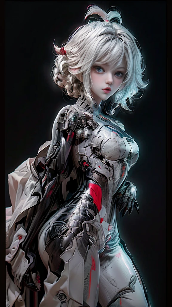 A digital illustration of a white mecha suit with short bob hairstyle, white hair, (full body length), (super cuteness), (super beautiful face), 32k UHD, C4D style, octane render, sharp focus, complex details, perfect details, highest resolution, Show shoes, 1 girl, solo, RAW, photo realistic of face, CG game art, wearing white armor and helmet, beautiful eyes. The background is a dark grey with neon red accents, creating an eerie atmosphere, The art style is inspired in the style of GG game artstyle, with a high contrast between light and shadow and futuristic elements. It is a digital art piece with a dark fantasy theme, vibrant colors, and sharp details.