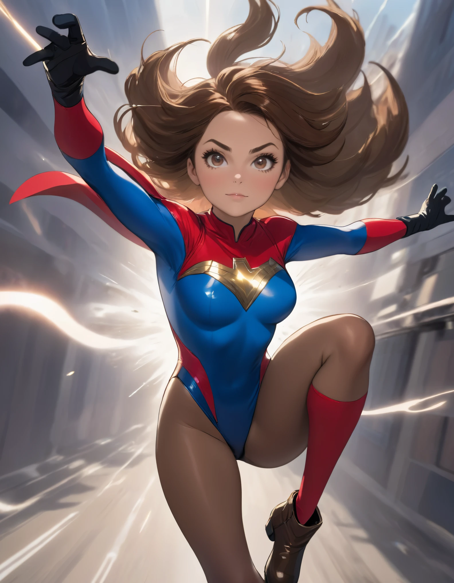 1girl, solo, solo focus, a female superhero spins in place like a tornado, medium breasts, leotard, red and blue leotard, bare legs, boots, matching boots, gloves, matching gloves, brown hair, full body, time travel