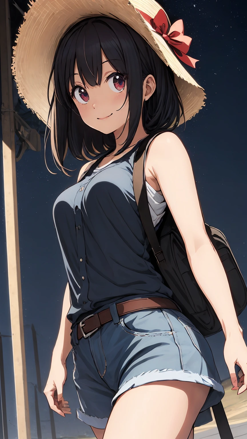 (masterpiece, Highest_quality), very_be familiar with_cg, unity 8k wallpaper, wonderful_Are you okay_figure, Anime girl with long black hair wearing a straw hat, small breasts, (shy smile), anime style 4k, beautiful anime portrait, anime moe art style, anime art wallpaper 4k, anime art wallpaper 4k, High quality anime art style, anime style portrait, Gweiz, artwork in the style of Gweiz, be familiar with digital anime art, anime art wallpaper 8k, cute anime girl portrait, Moonlight night, whole body, break perfect_hand, nice_refer tos, 5_refer to, 4_refer to,1_親refer to,