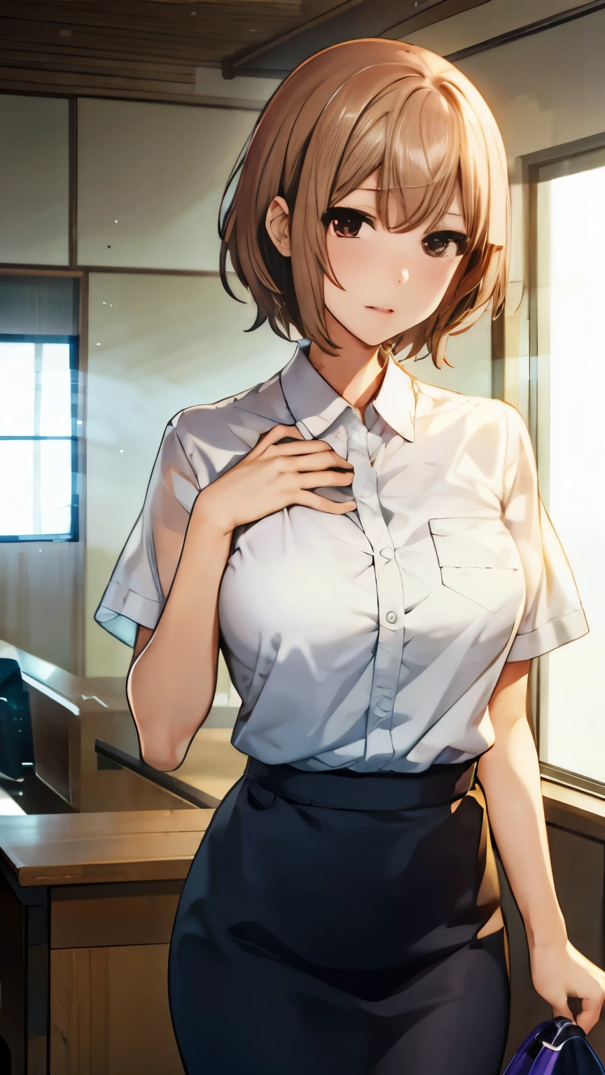 1 beautiful woman, Beautiful Office Lady, slender body, realistic, very detailed CG 統合 8k 壁紙, very detailed, High resolution raw color photos, professional photos, realistic portrait, cinematic light, beautiful details, (beautiful breasts:), (cleavage:1.2), (White shirt with wide open chest:1.5), (extremely short skirts:1.3), pantyhose, panties, squat, indoors, Sales Office, (最high quality:1.4), Super detailed, high quality, table top, (view from below:1.5)、slight smile、short hair、((White wet light underwear))、