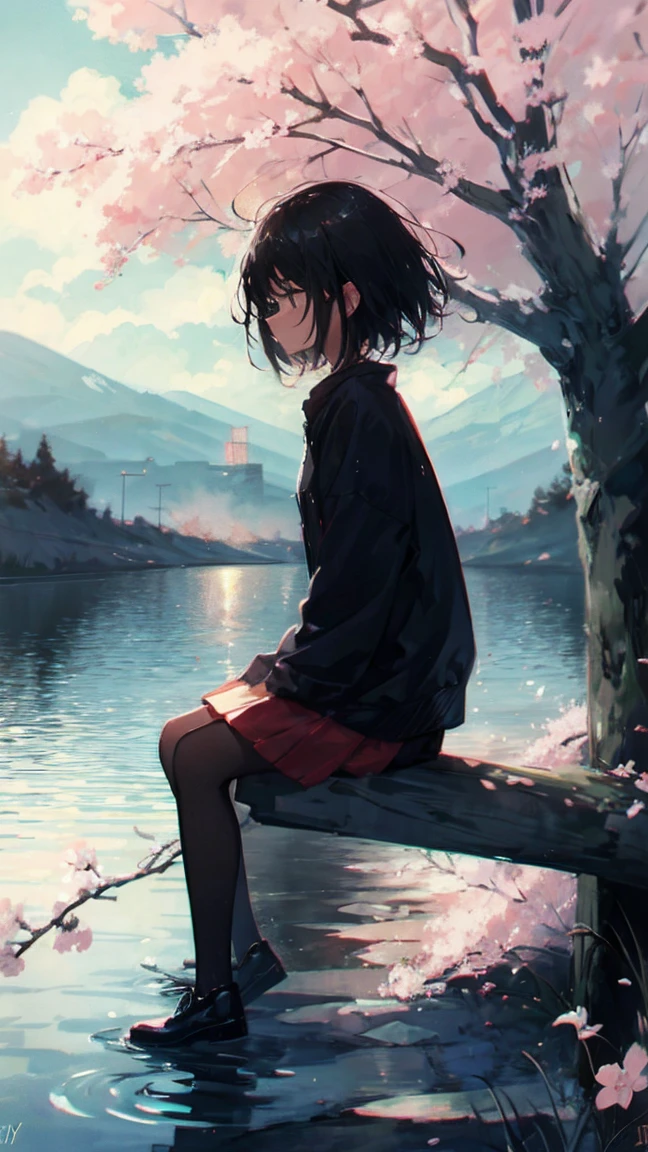 Product illustration of a girl in the rain,cherry blossoms,sitting