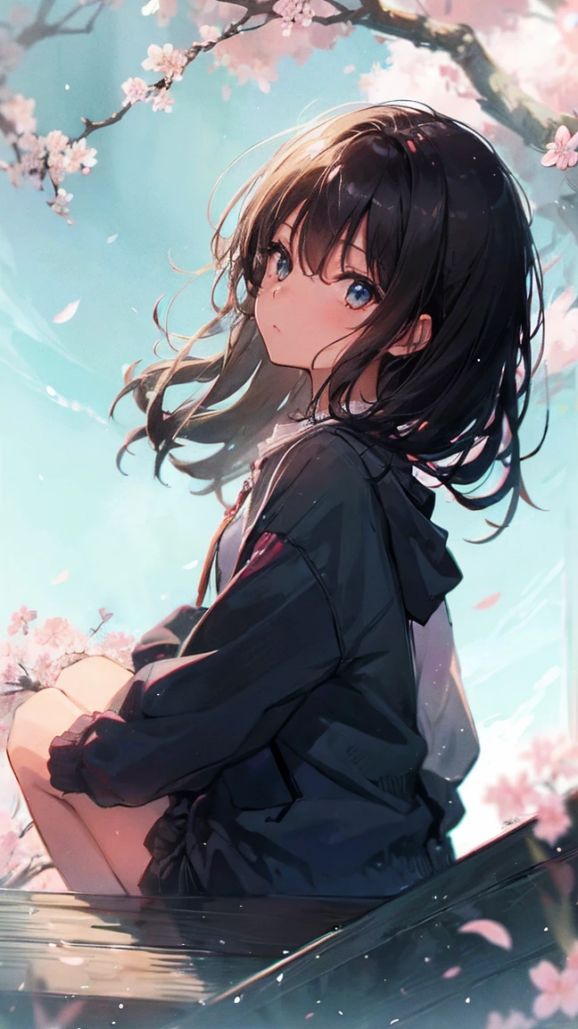 Product illustration of a girl in the rain,cherry blossoms,sitting
