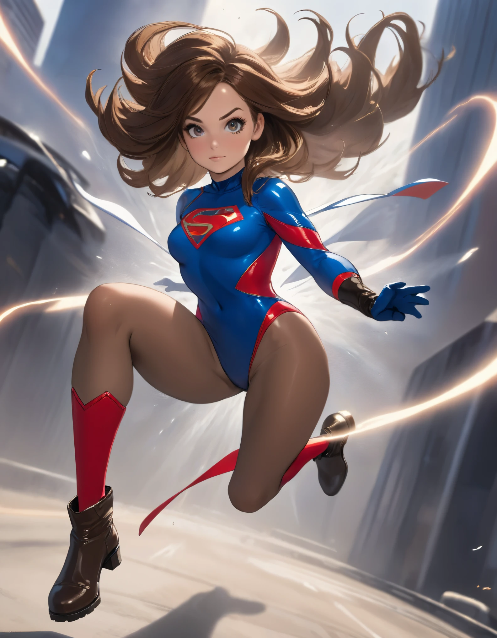 1girl, solo, solo focus, a female superhero spins in place like a tornado, medium breasts, leotard, red and blue leotard, bare legs, boots, matching boots, gloves, matching gloves, brown hair, full body, time travel