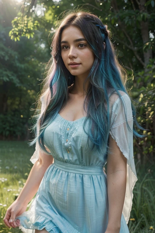 (best quality,ultra-detailed,realistic:1.37),bright electric blue hair flowing around a young girl's head and shoulders,full body view,shimmering like a cascading waterfall,(long, flowing hair:cascading hair:1.1),(intense, vibrant color:electric blue:1.1),girl standing in an open field,her hair catching the gentle breeze,her eyes shining with excitement,(beautiful detailed eyes:detailed, expressive eyes:1.1),(beautiful detailed lips:plump lips:1.1),(happy expression on her face) wearing a flowing, ethereal dress,as if woven from strands of moonlight,(graceful, elegant pose:1.1),(airy, lightweight fabric: ethereal dress:1.1),surrounded by an array of blooming flowers and lush green grass,(vividly colored flowers:1.1),(lush, vibrant green grass:1.1),sunlight filtering through the trees, casting a warm glow on the scene,(soft, warm lighting:sunlit atmosphere:1.1),(sparkling highlights in her hair) creating a mesmerizing effect. The overall image exudes serenity and beauty, with a touch of magical realism.