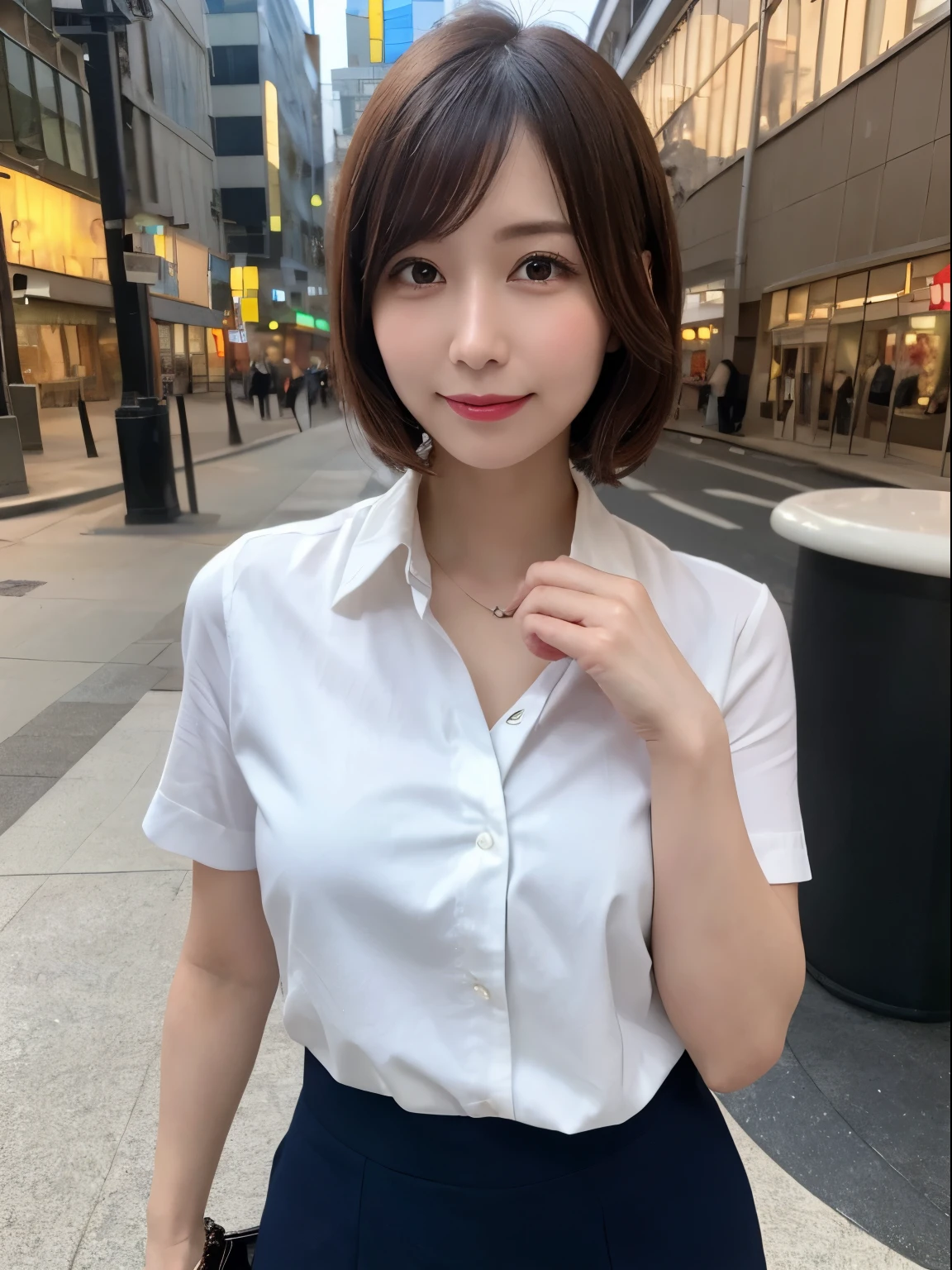 table top, highest quality, figure, Super detailed, finely, High resolution, 8k wallpaper, 完璧なダイナミックな構figure, detailed and beautiful eyes, dresini skirt, middle of chest, natural color lip, random sexy poses,smile,Aoyama Street Walk、40 year old girl、beaver,short hairstyle