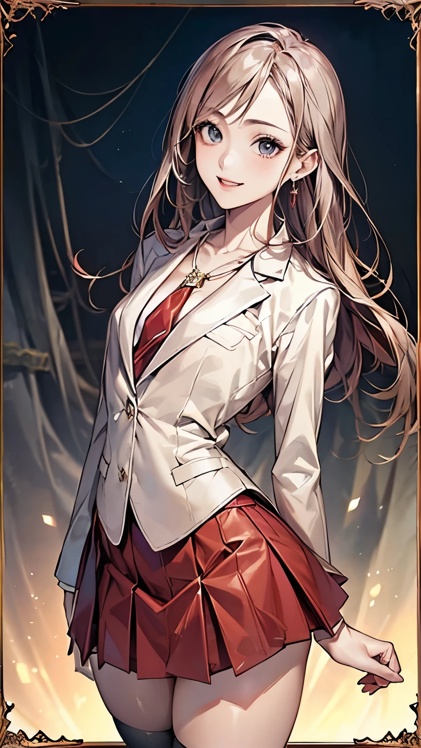 ((Biologically correct number of limbs))、(( Full body photo including face))、4K、((standing position))、masterpiece、((focus on the face))、((Symmetrical facial features))、Eyes with detailed description、Beautiful woman、outstanding style、beautiful clavicle、beautiful legs、beautiful hands、slender body、(small ass、thin thighs)、(stockings、high heels)、Detailed depiction of faces、small earrings、necklace、(upper body blazer、shirt、(red skirt))、close up of face、lighting to the face、tie、Clear skies、(((white frame photo)))、Looking back、buckshot、Neat and clean、smile、