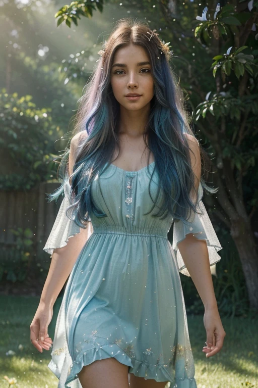 (best quality,ultra-detailed,realistic:1.37),bright electric blue hair flowing around a young girl's head and shoulders,full body view,shimmering like a cascading waterfall,(long, flowing hair:cascading hair:1.1),(intense, vibrant color:electric blue:1.1),girl standing in an open field,her hair catching the gentle breeze,her eyes shining with excitement,(beautiful detailed eyes:detailed, expressive eyes:1.1),(beautiful detailed lips:plump lips:1.1),(happy expression on her face) wearing a flowing, ethereal dress,as if woven from strands of moonlight,(graceful, elegant pose:1.1),(airy, lightweight fabric: ethereal dress:1.1),surrounded by an array of blooming flowers and lush green grass,(vividly colored flowers:1.1),(lush, vibrant green grass:1.1),sunlight filtering through the trees, casting a warm glow on the scene,(soft, warm lighting:sunlit atmosphere:1.1),(sparkling highlights in her hair) creating a mesmerizing effect. The overall image exudes serenity and beauty, with a touch of magical realism.