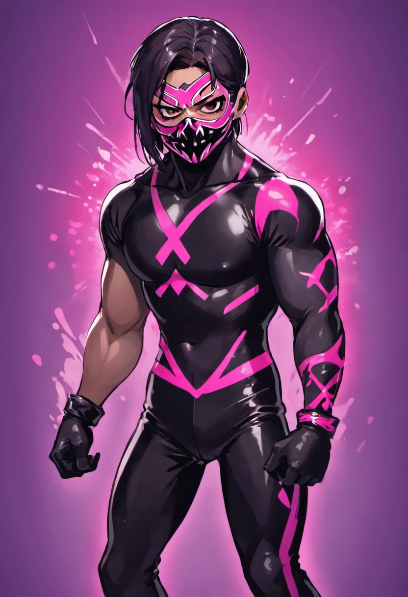 a young hispanic wrestler with a mask that only shows his eyes, su torso al descubierto, long black latex wrestling pants with pink claw designs, posa con confianza en el ring.